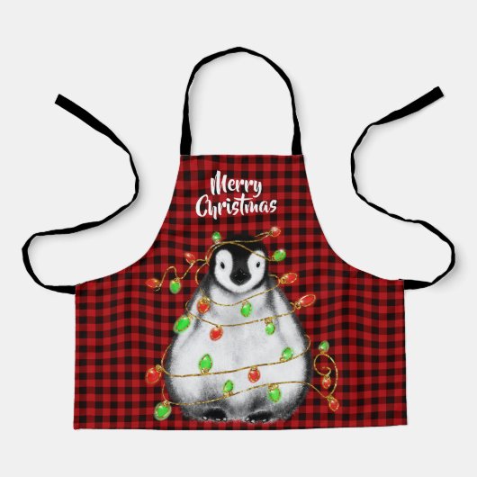 Festive Holiday Penguin, dubbellichten, rood slib Schort (Voorkant)