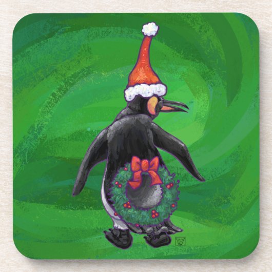 Festive Holiday Penguin on Green Drankjes Onderzetter (Voorkant)