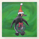 Festive Holiday Penguin on Green Glazen Onderzetter (Voorkant)