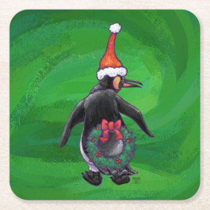 Festive Holiday Penguin on Green Kartonnen Onderzetters
