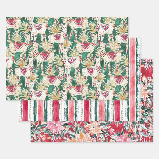 FESTIVE HOLIDAY Poinsettia Stripe Red Green Inpakpapier Vel (Set)