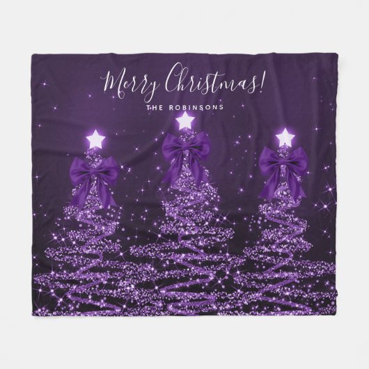 Festive Holiday Purple Christmas Trees Bows Fleece Deken (Voorkant (Horizontaal))