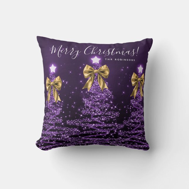 Festive Holiday Purple Christmas Trees Name Gold  Kussen (Voorkant)
