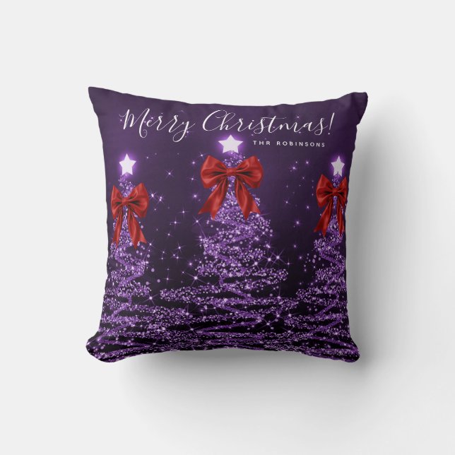 Festive Holiday Purple Christmas Trees Name Red  Kussen (Voorkant)