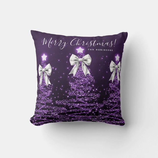 Festive Holiday Purple Christmas Trees Name Silver Kussen (Voorkant)