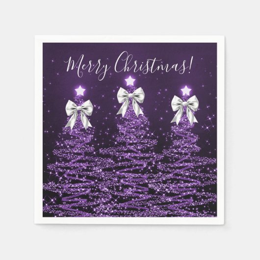 Festive Holiday Purple Christmas Trees Silver Bows Servet (Voorkant)