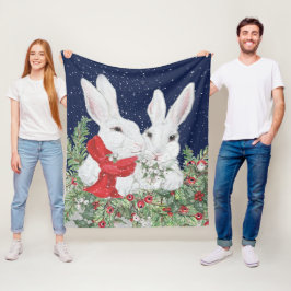 Festive Holiday Whimsical Bunny Rabbit Fleece Deken