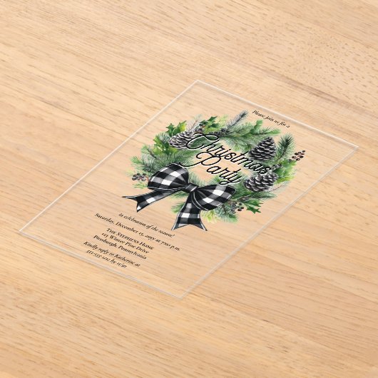 Festive Holiday Wreath BW Bow Christmas Party  Acryl Uitnodigingen (Laagn)