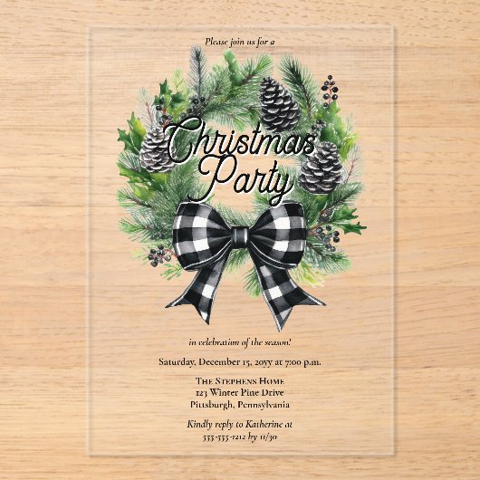 Festive Holiday Wreath BW Bow Christmas Party  Acryl Uitnodigingen (Voorkant)