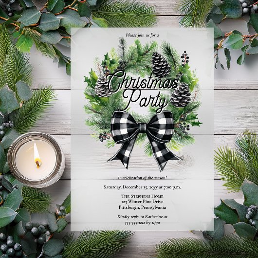 Festive Holiday Wreath BW Bow Christmas Party  Acryl Uitnodigingen