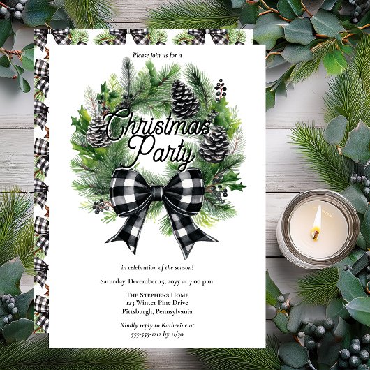 Festive Holiday Wreath BW Bow Christmas Party  Feestdagenkaart