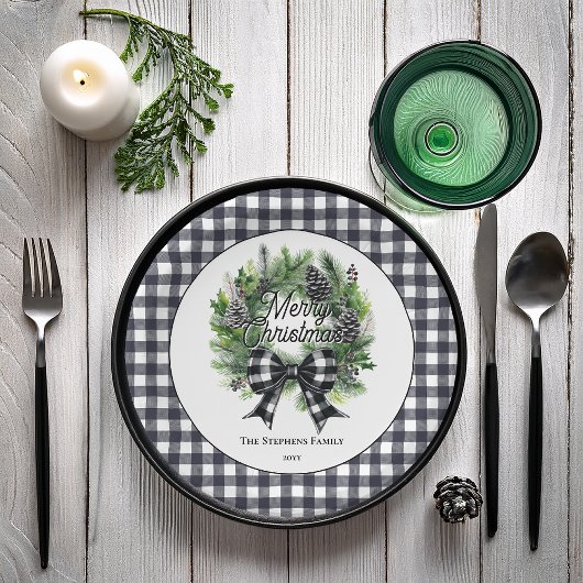 Festive Holiday Wreath BW Bow Merry Christmas  Papieren Bordje