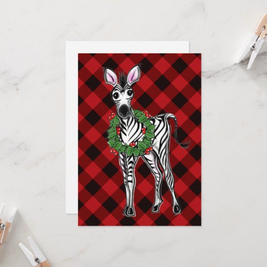 Festive Holiday Zebra Holly | rode buffel Kaart (Voorkant / Achterkant in situ)