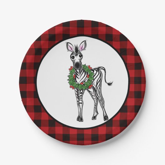 Festive Holiday Zebra, Holly Wreator, buffalo plai Papieren Bordje (Voorkant)