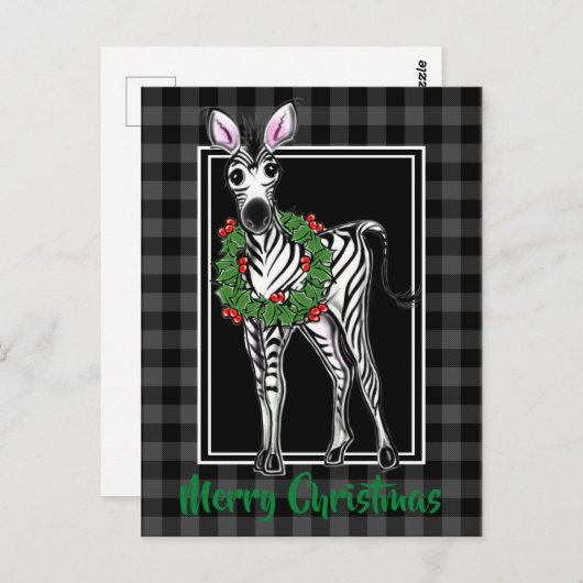Festive Holiday Zebra Holly Wreator, grijs Briefkaart (Voorkant / Achterkant)