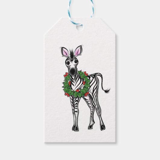 Festive Holiday Zebra illustratie, Holly met adem Cadeaulabel (Voorkant)