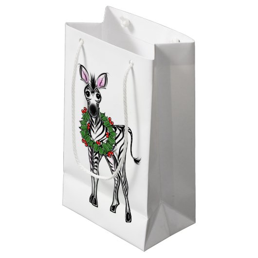 Festive Holiday Zebra illustratie, Holly met adem Klein Cadeauzakje (Voorkant Gekanteld)