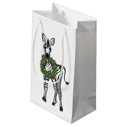 Festive Holiday Zebra illustratie, Holly met adem Klein Cadeauzakje (Achterkant Gekanteld)