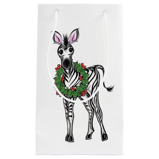 Festive Holiday Zebra illustratie, Holly met adem Klein Cadeauzakje (Voorkant)