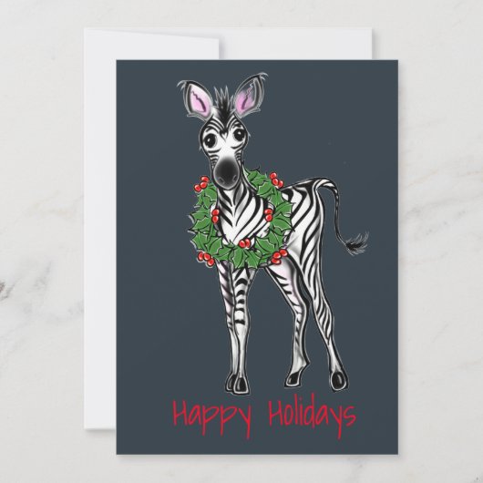 Festive Holiday Zebra Illustration, Holly Wreator Feestdagenkaart (Voorkant)
