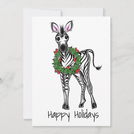 Festive Holiday Zebra Illustration, Holly Wreator Feestdagenkaart (Voorkant)