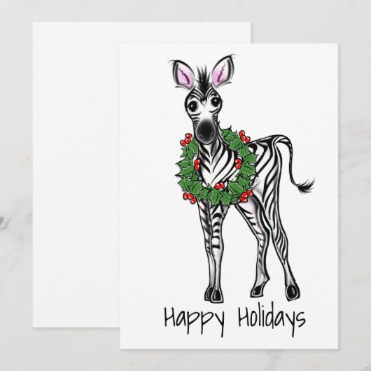 Festive Holiday Zebra Illustration, Holly Wreator Feestdagenkaart (Voorkant / Achterkant)