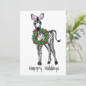 Festive Holiday Zebra Illustration, Holly Wreator Feestdagenkaart (Staand voorkant)