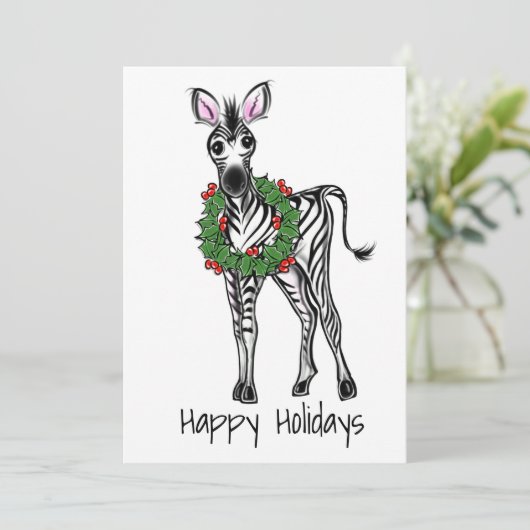 Festive Holiday Zebra Illustration, Holly Wreator Feestdagenkaart (Staand voorkant)