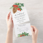 Festive Holly Berries Pine Cone kerstbruiloft All In One Uitnodiging (Afscheurbaar)