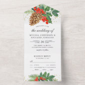 Festive Holly Berries Pine Cone kerstbruiloft All In One Uitnodiging (Binnen)