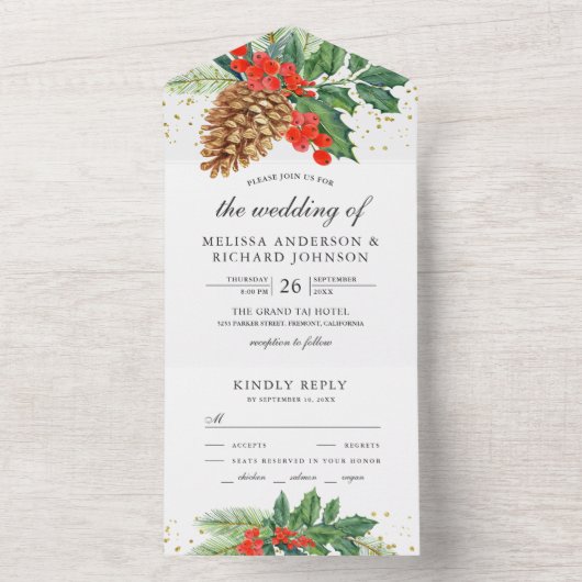Festive Holly Berries Pine Cone kerstbruiloft All In One Uitnodiging (Binnen)