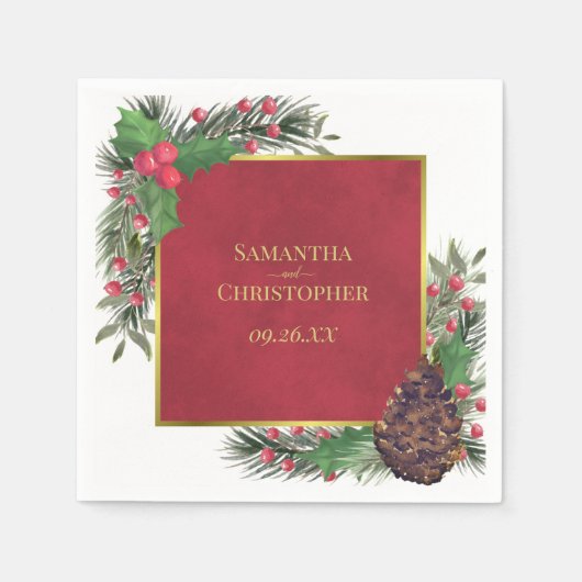 Festive Holly Berries & Pine Holiday Wedding Servet (Voorkant)