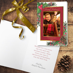 Festive Holly Berries & Pine Merry-kerstfoto Feestdagen Kaart