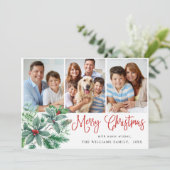 Festive Holly Berry 3 PHOTO kerstgroet Feestdagenkaart (Staand voorkant)