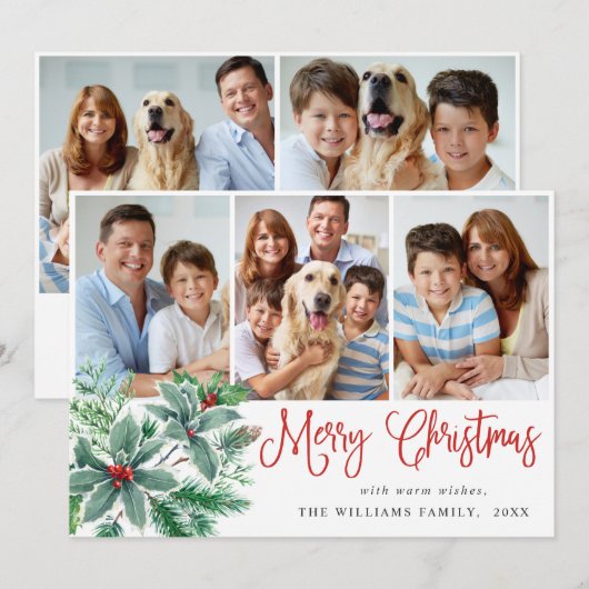 Festive Holly Berry 5 PHOTO kerstgroet Feestdagenkaart (Voorkant / Achterkant)