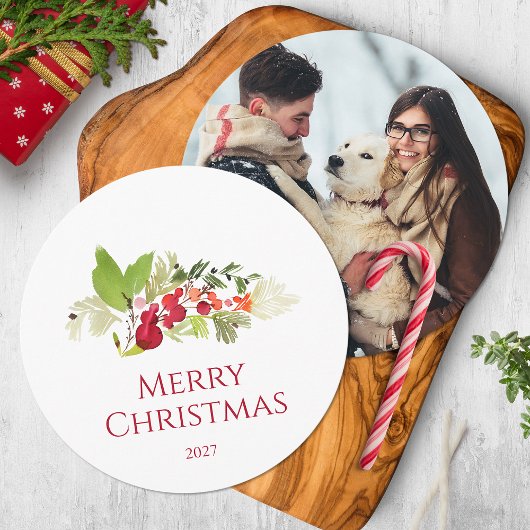 Festive Holly Berry and Evergreen Watercolor Kaart