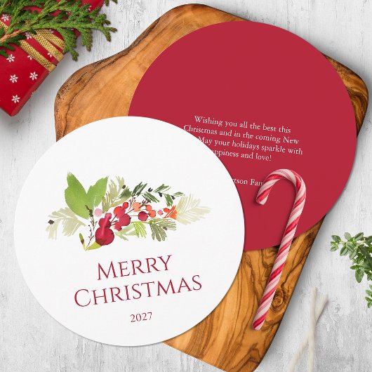 Festive Holly Berry and Evergreen Watercolor Kaart