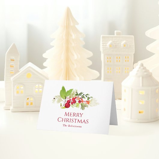 Festive Holly Berry and Evergreen Watercolor Kaart