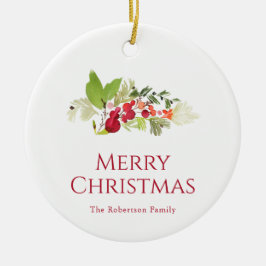 Festive Holly Berry and Evergreen Watercolor Keramisch Ornament