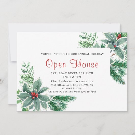 Festive Holly Berry Holiday Kerstmis Open House Kaart (Voorkant)