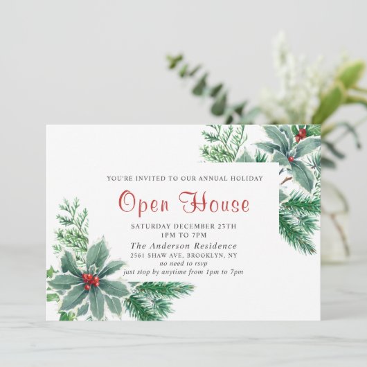 Festive Holly Berry Holiday Kerstmis Open House Kaart (Staand voorkant)