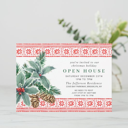 Festive Holly Berry kerst HOLIDAY OPEN HUUSE Kaart (Staand voorkant)