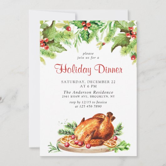 Festive Holly Berry Kerstfeestdag diner Kaart (Voorkant)