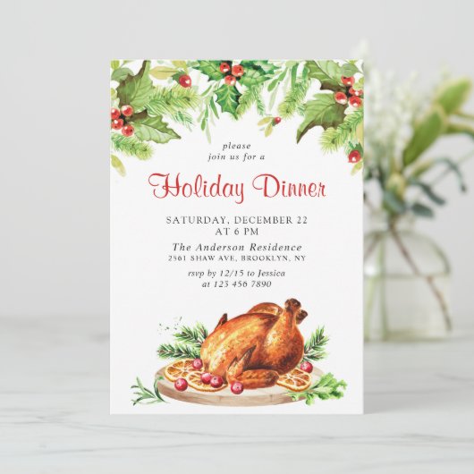 Festive Holly Berry Kerstfeestdag diner Kaart (Staand voorkant)