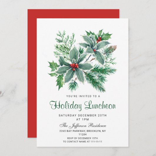 Festive Holly Berry Kerstfeestdag Luncheon Kaart (Voorkant / Achterkant)