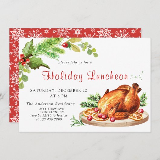 Festive Holly Berry Kerstfeestdag Luncheon Kaart (Voorkant / Achterkant)