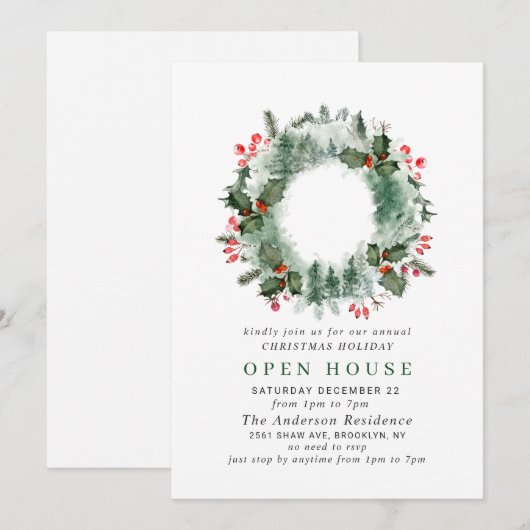 Festive Holly Berry Kerstfeestdag Open House Kaart (Voorkant / Achterkant)