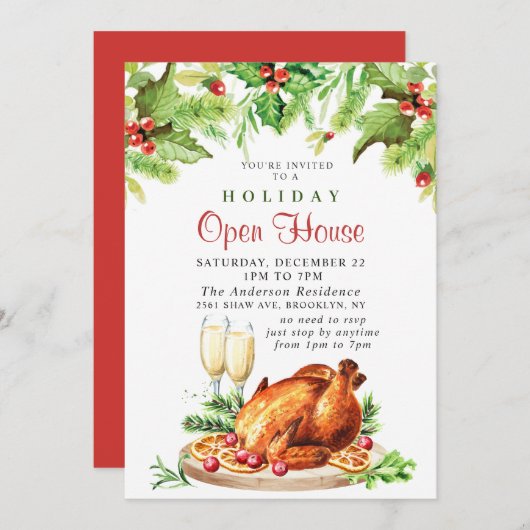 Festive Holly Berry Kerstfeestdag Open House Kaart (Voorkant / Achterkant)