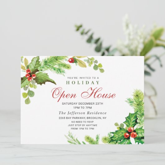 Festive Holly Berry Kerstfeestdag Open House Kaart (Staand voorkant)