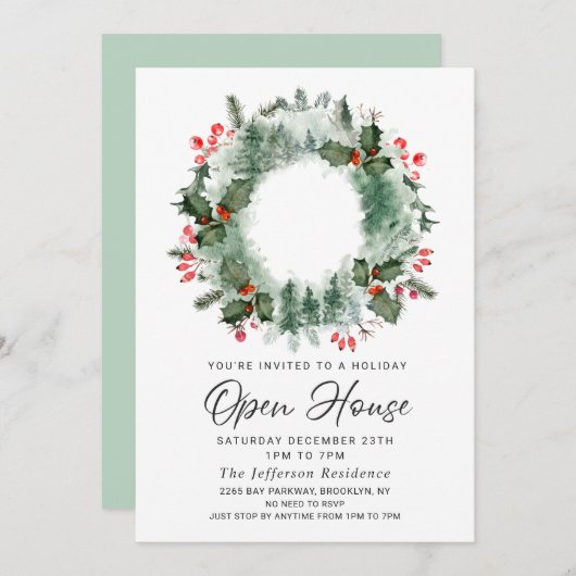 Festive Holly Berry Kerstfeestdag Open House Kaart (Voorkant / Achterkant)